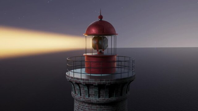 View of a lighthouse at night with its light beam shining over the ocean under a starry sky.