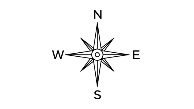 Nautical Compass Rose Line Art Vector Icon, Classic Mariner Navigation Symbol for Kids Adventure Storybook and Coloring Pages, Isolated on White