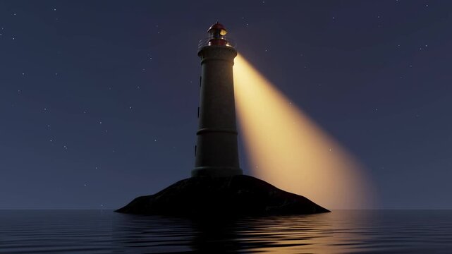 Light shines from a tall lighthouse standing on a rocky island at night in the ocean.