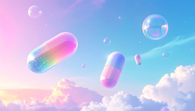 A whimsical, pastel sky scene featuring floating, iridescent capsule-shaped objects and clear, spherical bubbles among fluffy clouds