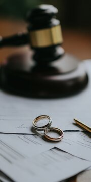 Wedding rings on divorce papers with a gavel