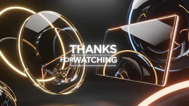 Futuristic 3D abstract render with glowing neon lines and reflective geometric shapes on a dark background, perfect for a modern video outro or digital presentation ending