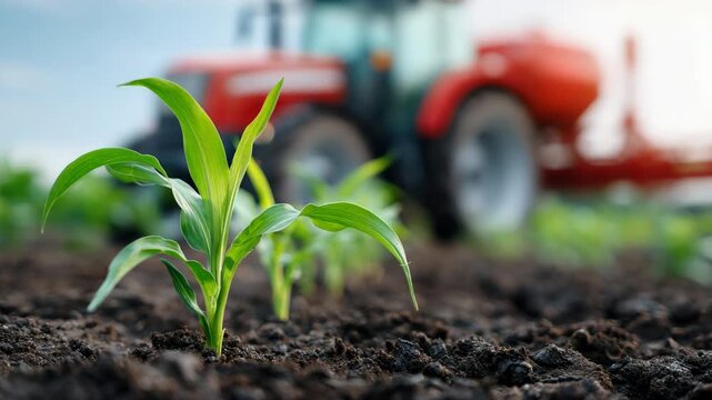 Young corn plant growing as tractor approaches in vibrant field scene