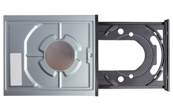 Open DVD Optical Drive Tray And CD Slot For Computer Hardware isolated on a white background