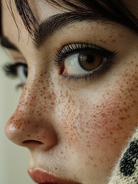Close-up portrait of a young woman with freckles, emotion, vulnerability, and authenticity.