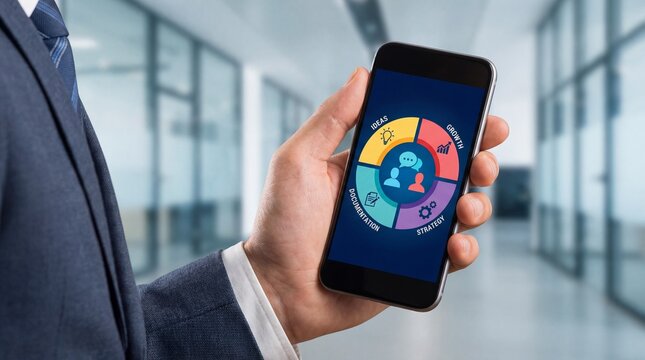 Professional Businessman Holding Smartphone Displaying a Colorful Business Strategy Infographic with Ideas, Growth, Strategy, and Documentation Icons for Corporate Success and Digital Marketing Presen