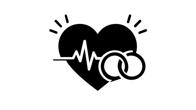 Teal and green gradient heart vector icon with heartbeat line and interlocking wedding rings, symbolizing love, romance, marriage commitment, and healthy relationships, flat minimalist illustration.