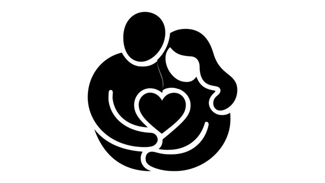 Romantic couple embracing with a heart symbol vector illustration, minimalist flat icon design representing love, relationship, togetherness, and affection for Valentine's Day or wedding.