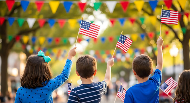 Children holding American flags at a festive outdoor parade with colorful banners.