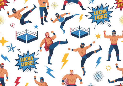 Seamless Vector Pattern of Mexican Lucha Libre Masked Wrestlers with Comic Graphics, Wrestling Rings, and Lightning Bolts for Sportswear and Textile Design
