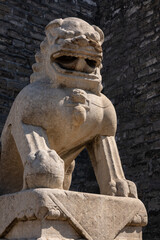 Obraz premium Traditional Chinese Guardian Stone Lion in Front of Zhengyangmen Arrow Tower, Beijing