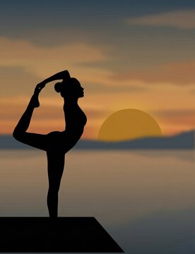 Generated AI: Silhouette of woman practicing yoga Lord of the Dance pose at sunset by the lake.