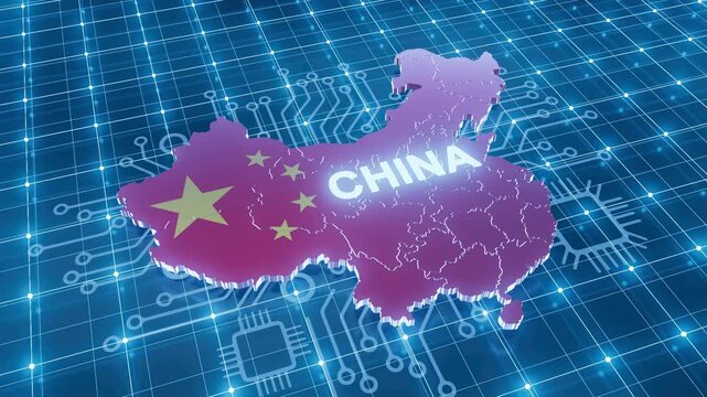 Digital map of China with highlighted borders and technology theme displayed on blue background in a modern style.