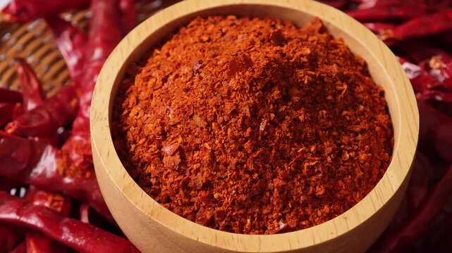 Chili powder in a wooden bowl.	