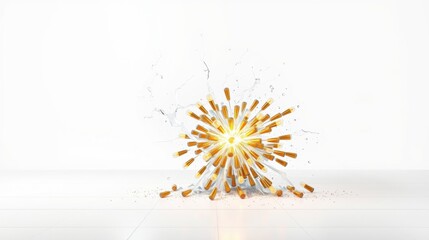 Fototapeta premium Explosion. Golden shards radiate outward. White splashes accompany impact. Minimalist studio setting, bright illumination.