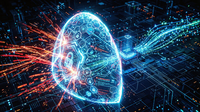 Futuristic Digital Shield Protecting Data Center from Cyber Attack, Cybersecurity Concept with Glowing Lock Icon and Information Streams