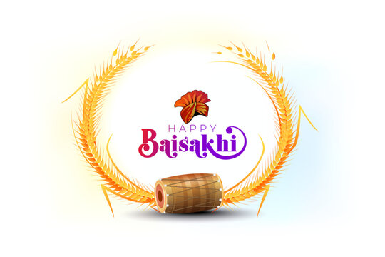 Festival Logo Happy Baisakhi with wheat decor, Punjabi Sikh traditional prop vector illustration for promotion party invite.