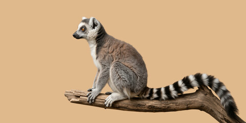 Fototapeta premium Ring-tailed lemur sitting on a wooden branch in profile. Exotic primate with a striped tail isolated on a beige background. Copy space for text. Endangered Species Day