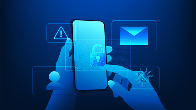Cybersecurity technology background smartphone protected by network security, representing data protection, anti-phishing, scam prevention, secure communication, and mobile network security systems.