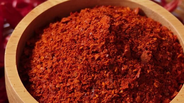 Chili powder in a wooden bowl.	