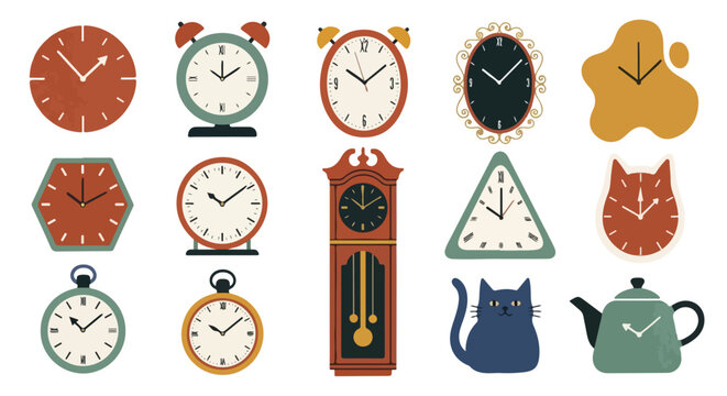 An illustrative set of diverse clocks and timepieces, including wall clocks, alarm clocks, and pocket watches, in a range of unique shapes.