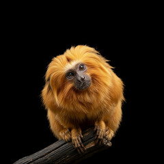 Obraz premium Golden lion tamarin monkey sitting on a wooden branch. Bright orange primate portrait isolated on a black background. Endangered Species Day