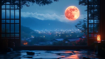 Naklejka premium Red moon over valley cityscape from japanese interior