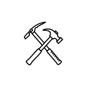 Hammer and ice axe tools crossed together symbolize manual labor and professional construction work.