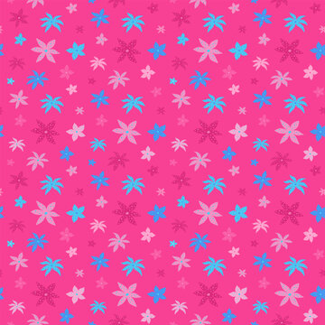 Blue flowers on a pink background. Vector seamless pattern.