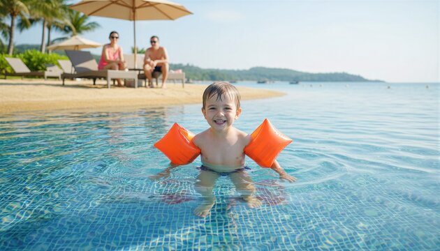 Child wearing arm floaties swimming in shallow pool water with parent watching from lounge chair. Water safety concept for family vacation. Prevention and protection of toddlers in pool.