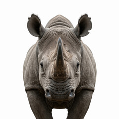 Naklejka premium Frontal portrait of a rhinoceros isolated on a white background. Close up of wild animal face showing skin texture and horn. Endangered species conservation concept