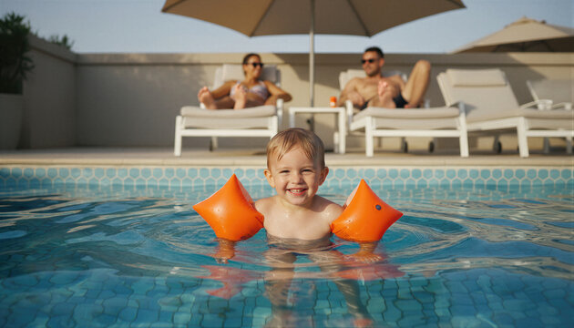 Toddler wearing orange inflatable armbands swimming in pool with parents relaxing on sunbed in background. Water safety awareness for child supervision and prevention of drowning accident.