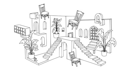 Fototapeta premium Fantasy House Interiors Vector with Surreal Floating Furniture and Whimsical Architecture