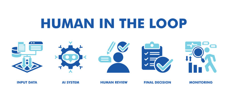 Human in the Loop Web Banner Icon Vector Illustration Concept With Input Data, AI System, Human Review, Final Decision, and Monitoring for Responsible AI and Business Decision Making.