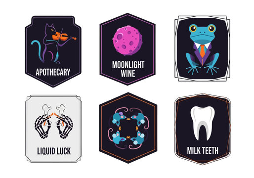 Set of Whimsical Magic Apothecary Badges and Mystical Vector Logos Featuring a Violin Cat, Moonlight Wine, Frog in a Suit, Skeleton Hands, and More