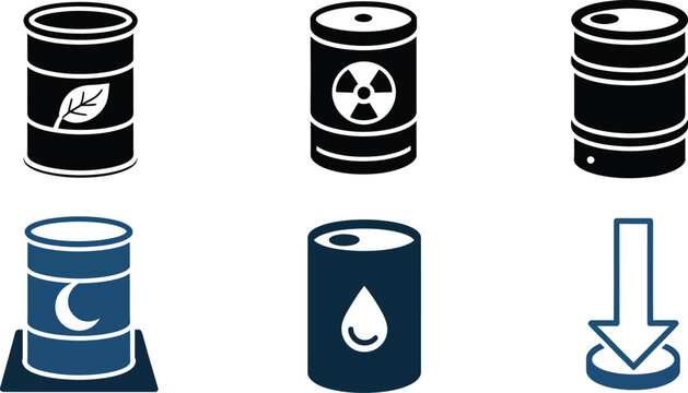 Oil barrel icons set, industrial fuel drum, toxic waste container, bio oil barrel, energy storage symbol, clean vector illustration eps