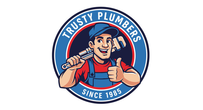 Trusty Plumbers Since 1985 Logo with Happy Plumber Holding Wrench and Giving Thumbs Up.