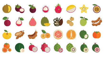 Obraz premium A vibrant collection of various tropical and exotic fruits, some whole and some sliced, presented in a clean flat design style.