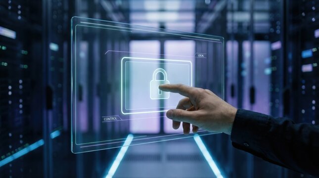 Model deployment at scale - Close-up of a hand interacting with a transparent local control interface featuring a secured central node in a sleek enterprise environment.