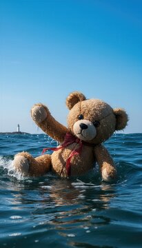 Teddy bear floating in ocean water near lighthouse. Toy drifting in sea waves as symbol of lost childhood. Concept of water safety and child supervision risk awareness at beach.