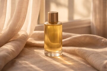 Naklejka premium Perfume bottle showcasing a golden liquid and cap, beautifully arranged on a draped fabric, capturing the warm glow of natural sunlight and creating elegant shadows