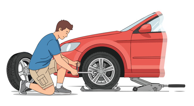 Man changing a flat tire on a red car with a lug wrench