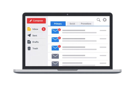 Laptop screen showing a user interface for email communication, featuring an inbox with multiple unread messages, reflecting digital correspondence and online notifications