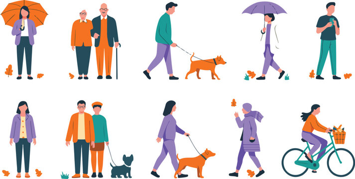 People in autumn season walking cycling and walking dog with umbrella in fall park street flat vector illustration set