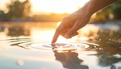 Naklejka premium Finger touching water surface creating ripples at sunset.