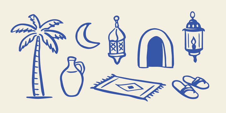 Arabian decor doodle icon set hand drawn vector illustration