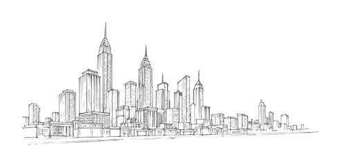 Fototapeta premium Hand drawn of a dense city skyline with varied skyscrapers architecture buildings