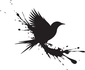 Fototapeta premium A black silhouette of a bird in flight with paint splatters 