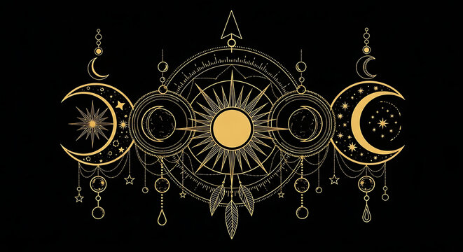 Golden celestial illustration with sun moon stars and dreamcatcher elements on black background