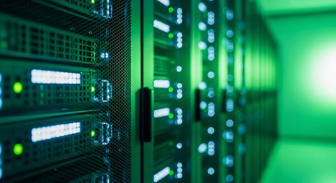 Green-Lit Server Racks in Data Center, Cloud Computing, Digital Infrastructure, Futuristic Technology